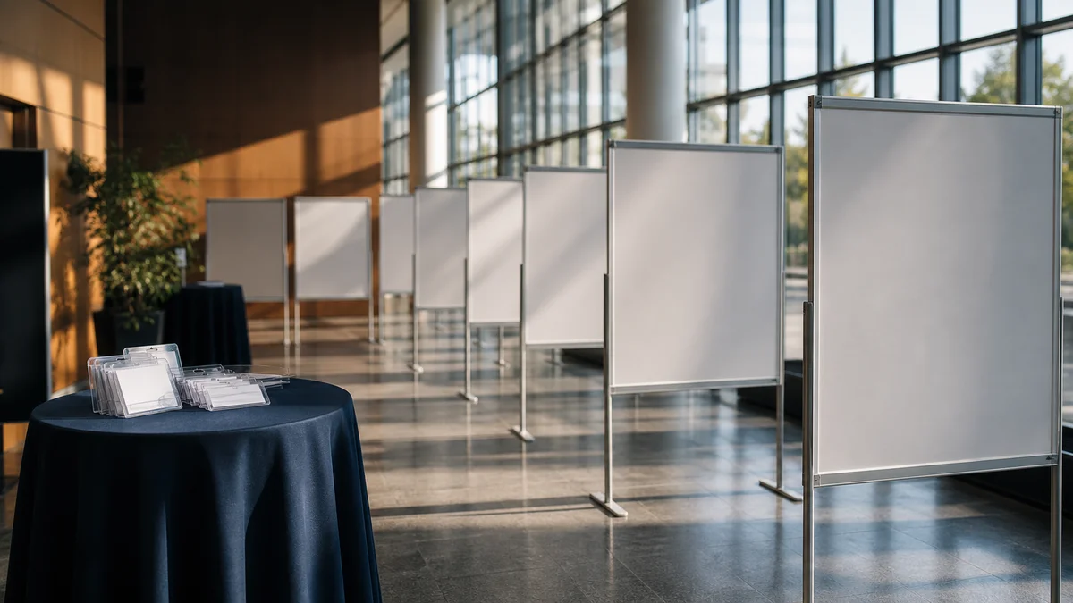 Wissenschaftliche Tagung mit Postersession in einem Hörsaal-Foyer und warmem Tageslicht — Symbolbild für die Konferenz als Begegnungsort