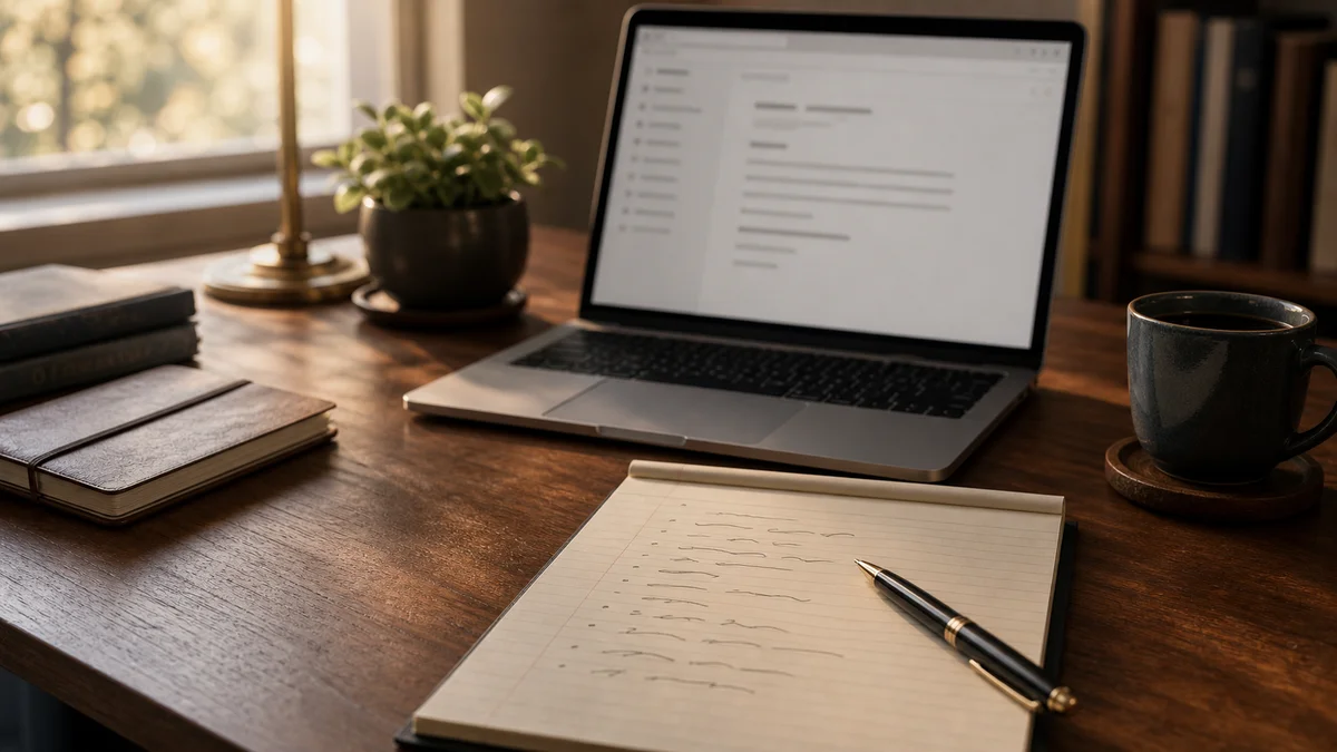 Geöffneter Laptop mit E-Mail-Entwurf auf einem hölzernen Schreibtisch, daneben Notizen mit handschriftlichen Fragenlisten im warmen Morgenlicht — Symbolbild für die strukturierte Vorbereitung der Erstanfrage