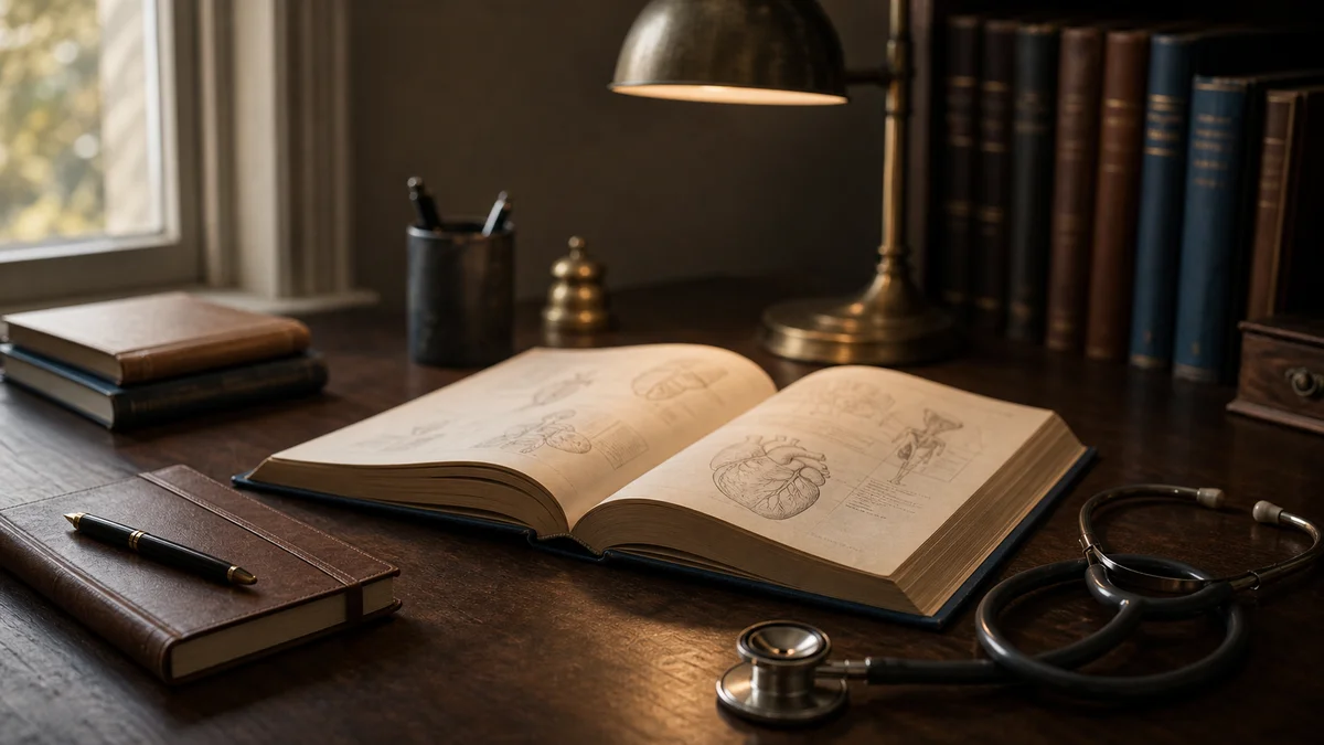 Aufgeschlagenes medizinisches Fachjournal mit anatomischen Abbildungen auf einem Schreibtisch im warmen Bibliothekslicht — Symbolbild für die wissenschaftliche Arbeit in der medizinischen Promotion
