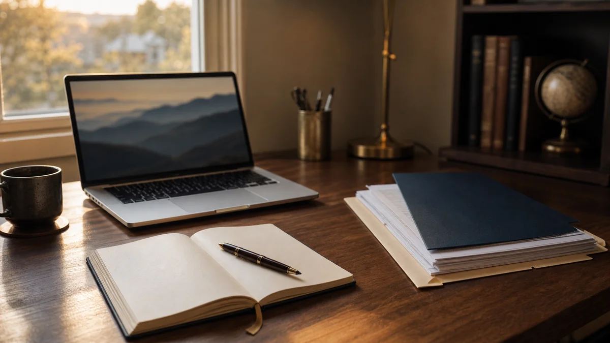 Holzschreibtisch mit aufgeschlagenem Laptop, Unternehmensunterlagen und Notizbuch im warmen Bürolicht — Symbolbild für die Anbahnung einer externen Promotion neben dem Berufsleben