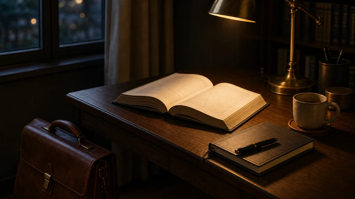 Schreibtisch mit aufgeschlagenem Buch, Aktentasche und Notizen in warmem Abendlicht — Symbolbild für die Doppelbelastung von Beruf und wissenschaftlicher Arbeit